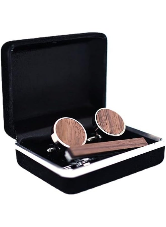 YelaJoy Tie Clip and Cufflink Sets 2 inch for Men Tie Clips Sets for Men Wood Inlay Ties Clip & Round Cufflinks with Gift Box Ties Clips Set for Formal Business Wedding - Image 1
